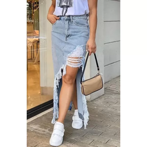 CHARTOU Women Irregular Ripped Long Denim Skirt Distressed Tassel Fringe Long Jean Skirt Hi-Low