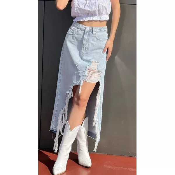 CHARTOU Women Irregular Ripped Long Denim Skirt Distressed Tassel Fringe Long Jean Skirt Hi-Low
