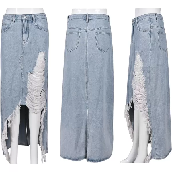 CHARTOU Women Irregular Ripped Long Denim Skirt Distressed Tassel Fringe Long Jean Skirt Hi-Low