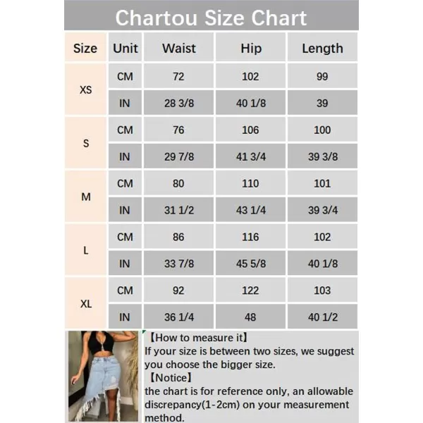 CHARTOU Women Irregular Ripped Long Denim Skirt Distressed Tassel Fringe Long Jean Skirt Hi-Low