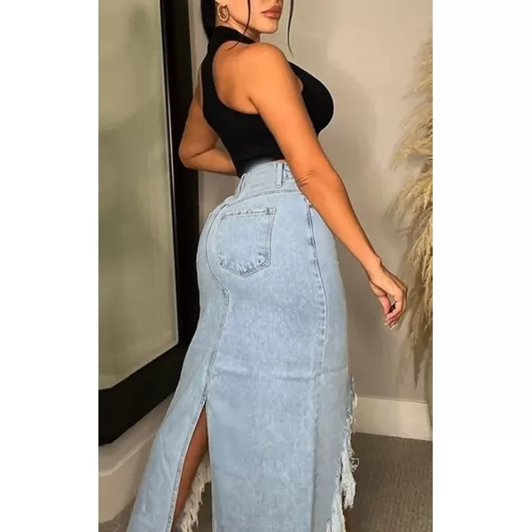 CHARTOU Women Irregular Ripped Long Denim Skirt Distressed Tassel Fringe Long Jean Skirt Hi-Low