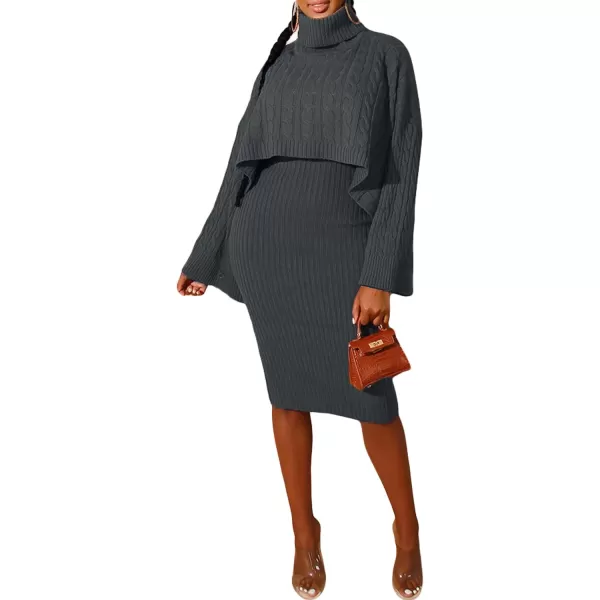 CHARTOU Women's 2 Piece Sweater Dress Sets Cable Knit Turtleneck Jumper Tank Dress Sheath Outfits