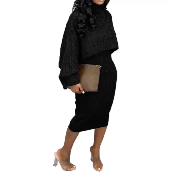 CHARTOU Women's 2 Piece Sweater Dress Sets Cable Knit Turtleneck Jumper Tank Dress Sheath Outfits