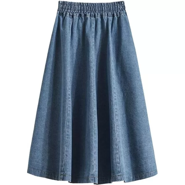 CHARTOU Women's Casual Back Elastic Waist Flared Summer Denim Jean A-Line Midi Skirt