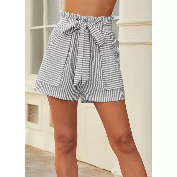 CHARTOU Women's Casual Elastic Waist Open Leg Stripe Belted Paper Bag Shorts
