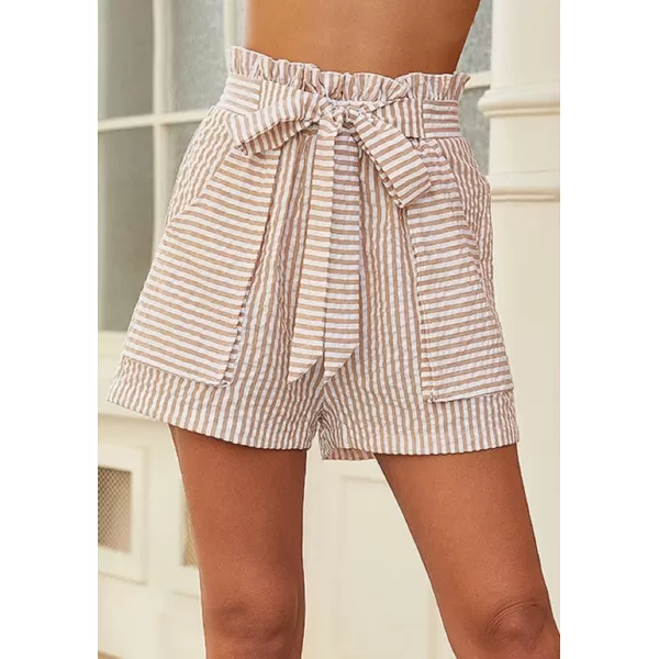 CHARTOU Women's Casual Elastic Waist Open Leg Stripe Belted Paper Bag Shorts