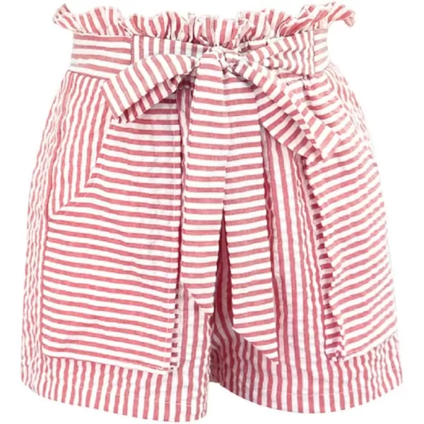 CHARTOU Women's Casual Elastic Waist Open Leg Stripe Belted Paper Bag Shorts