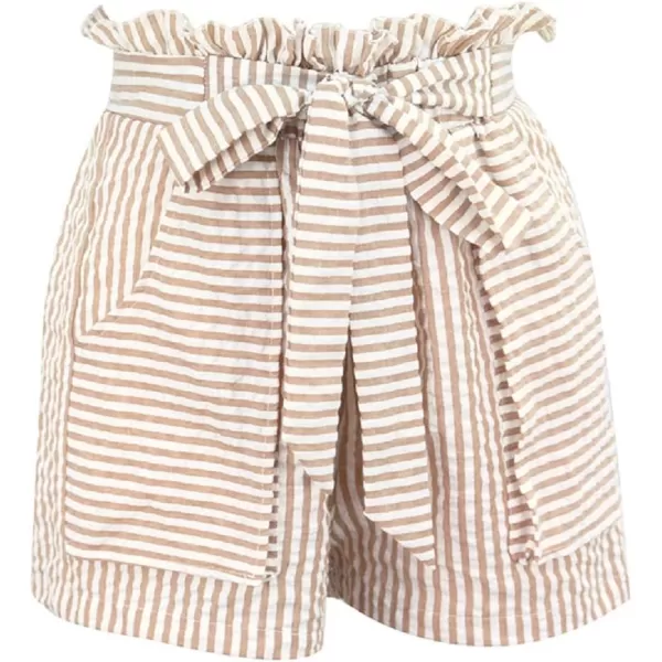CHARTOU Women's Casual Elastic Waist Open Leg Stripe Belted Paper Bag Shorts