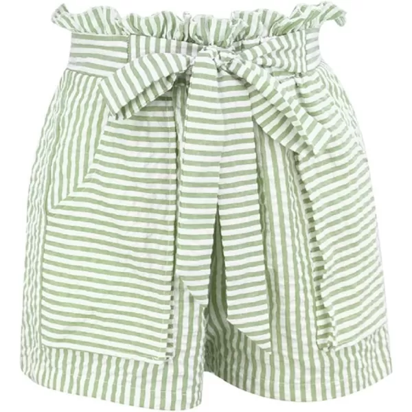 CHARTOU Women's Casual Elastic Waist Open Leg Stripe Belted Paper Bag Shorts