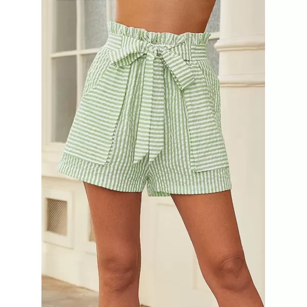 CHARTOU Women's Casual Elastic Waist Open Leg Stripe Belted Paper Bag Shorts