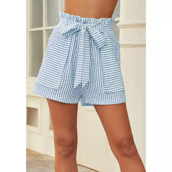 CHARTOU Women's Casual Elastic Waist Open Leg Stripe Belted Paper Bag Shorts