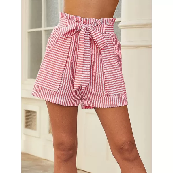 CHARTOU Women's Casual Elastic Waist Open Leg Stripe Belted Paper Bag Shorts