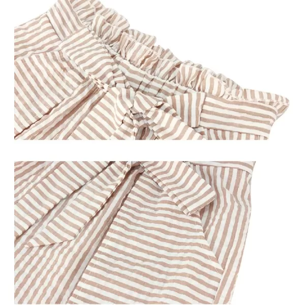 CHARTOU Women's Casual Elastic Waist Open Leg Stripe Belted Paper Bag Shorts