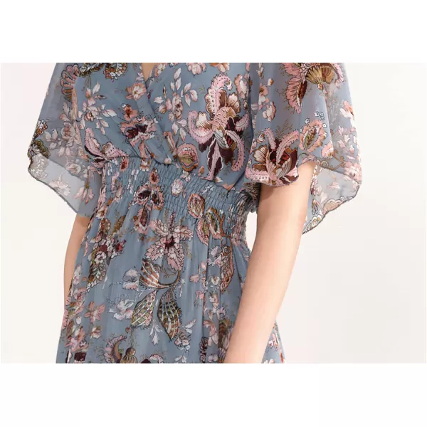 CHARTOU Women's Chiffon Elegant Vintage Floral Print Faux-Wrap V Neck Smocked A Line Pleated Swing Long Maxi Dress