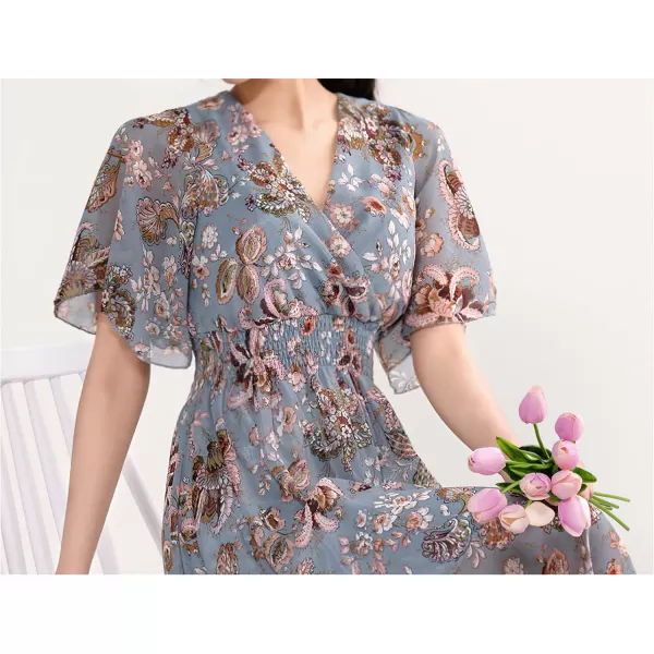 CHARTOU Women's Chiffon Elegant Vintage Floral Print Faux-Wrap V Neck Smocked A Line Pleated Swing Long Maxi Dress