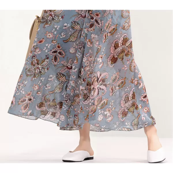 CHARTOU Women's Chiffon Elegant Vintage Floral Print Faux-Wrap V Neck Smocked A Line Pleated Swing Long Maxi Dress