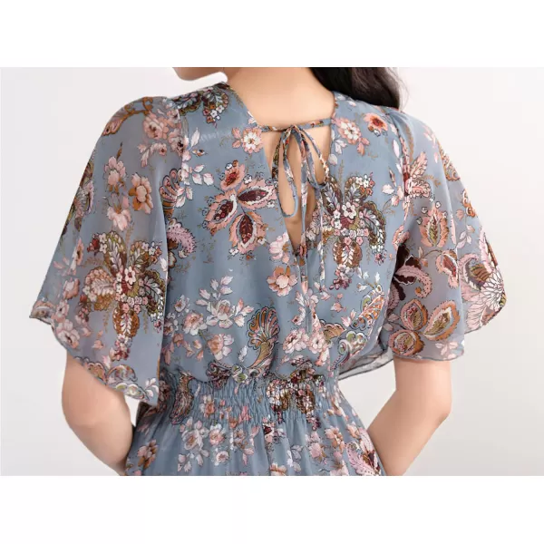 CHARTOU Women's Chiffon Elegant Vintage Floral Print Faux-Wrap V Neck Smocked A Line Pleated Swing Long Maxi Dress