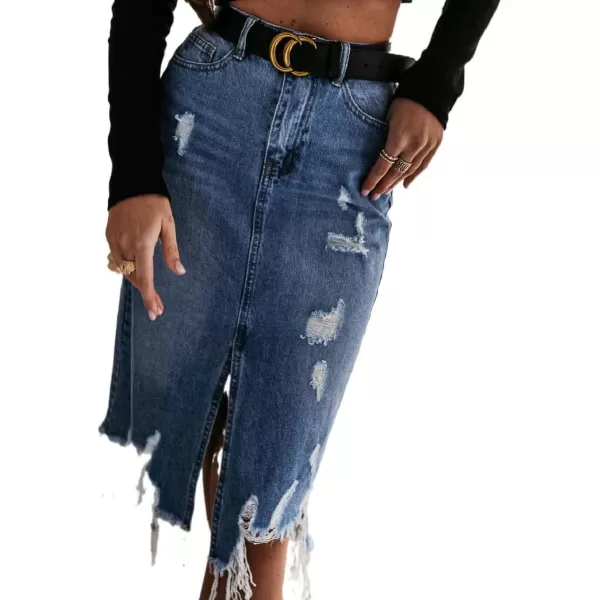 CHARTOU Women's Distressed High Waist Ripped Tassel Irregular Slit Pencil Midi Denim Skirt
