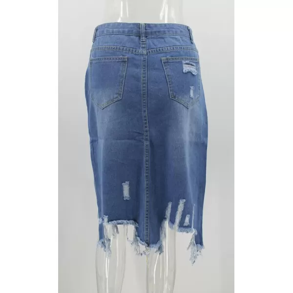 CHARTOU Women's Distressed High Waist Ripped Tassel Irregular Slit Pencil Midi Denim Skirt