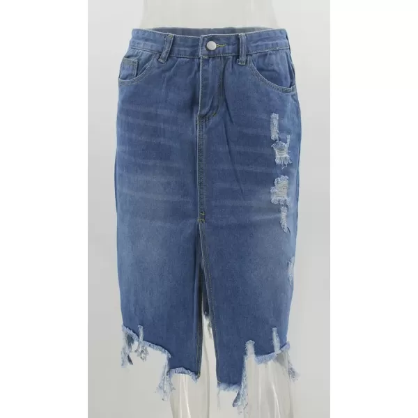 CHARTOU Women's Distressed High Waist Ripped Tassel Irregular Slit Pencil Midi Denim Skirt