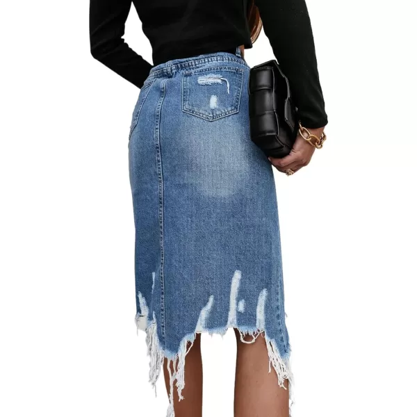 CHARTOU Women's Distressed High Waist Ripped Tassel Irregular Slit Pencil Midi Denim Skirt