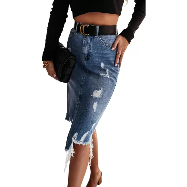 CHARTOU Women's Distressed High Waist Ripped Tassel Irregular Slit Pencil Midi Denim Skirt