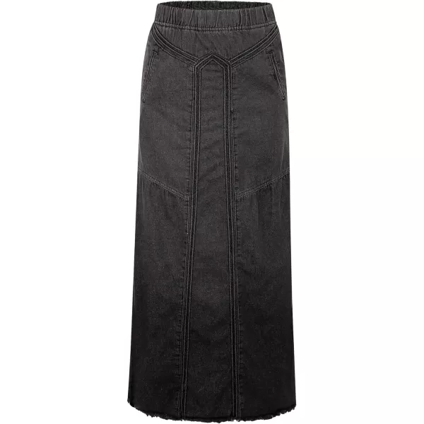 CHARTOU Women's Retro Elastic High Waist Frayed A-Line Maxi Denim Skirt with Pockets