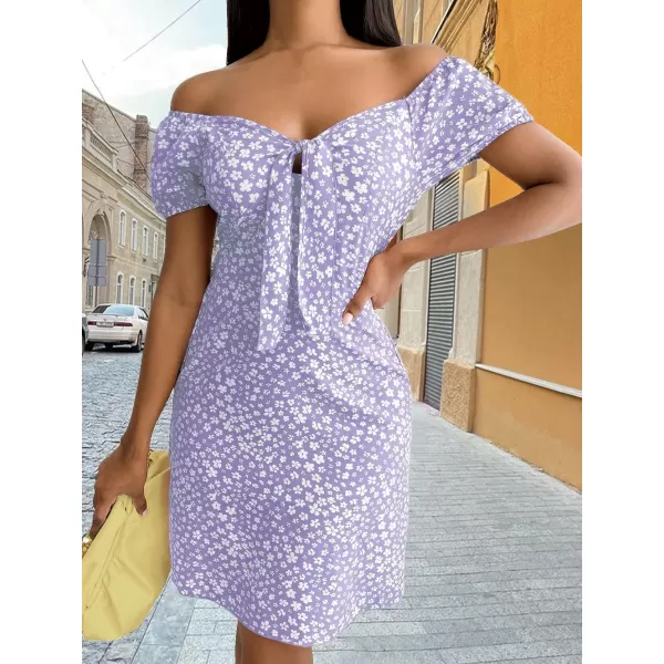 CHARTOU Women's Sexy Off Shoulder Floral Printing Short Sleeve Self-Tie Slim Fit Boho Short Dress