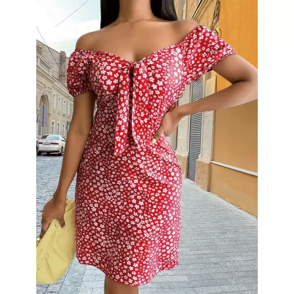CHARTOU Women's Sexy Off Shoulder Floral Printing Short Sleeve Self-Tie Slim Fit Boho Short Dress