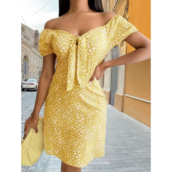 CHARTOU Women's Sexy Off Shoulder Floral Printing Short Sleeve Self-Tie Slim Fit Boho Short Dress
