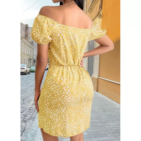 CHARTOU Women's Sexy Off Shoulder Floral Printing Short Sleeve Self-Tie Slim Fit Boho Short Dress