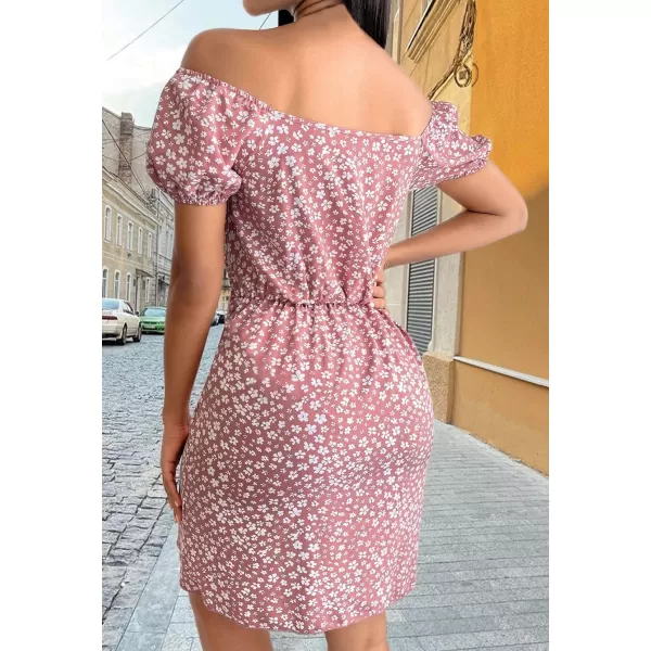CHARTOU Women's Sexy Off Shoulder Floral Printing Short Sleeve Self-Tie Slim Fit Boho Short Dress