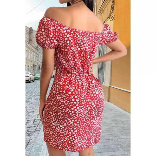 CHARTOU Women's Sexy Off Shoulder Floral Printing Short Sleeve Self-Tie Slim Fit Boho Short Dress