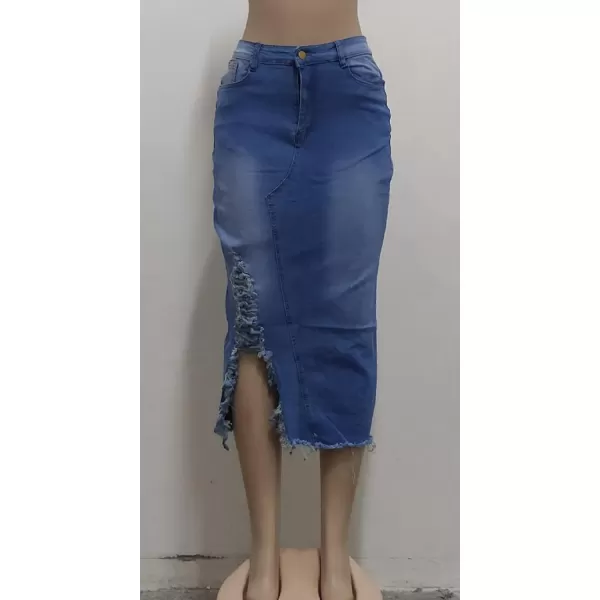 CHARTOU Women's Stylish High Waist Distressed Split Midi Long Pencil Denim Skirt