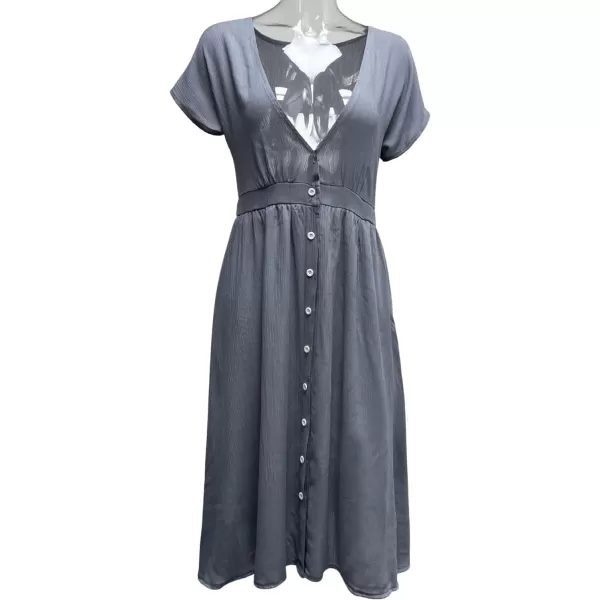 CHARTOU Women's Summer Casual V Neck Button Down Beach Long Flowy Dress Party Ruffle Dress