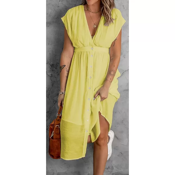 CHARTOU Women's Summer Casual V Neck Button Down Beach Long Flowy Dress Party Ruffle Dress