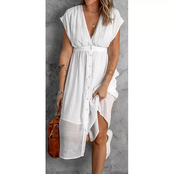 CHARTOU Women's Summer Casual V Neck Button Down Beach Long Flowy Dress Party Ruffle Dress