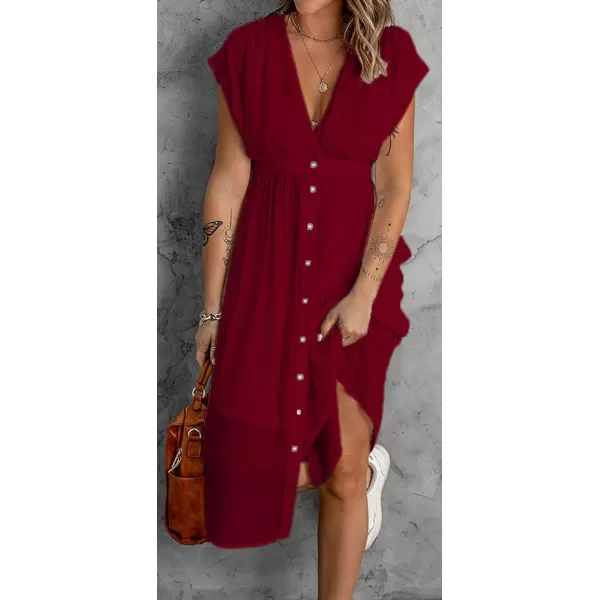 CHARTOU Women's Summer Casual V Neck Button Down Beach Long Flowy Dress Party Ruffle Dress