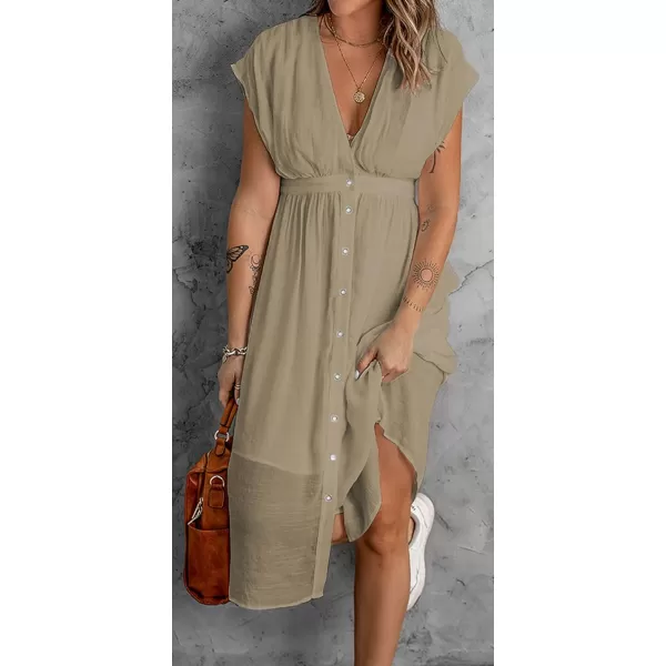 CHARTOU Women's Summer Casual V Neck Button Down Beach Long Flowy Dress Party Ruffle Dress