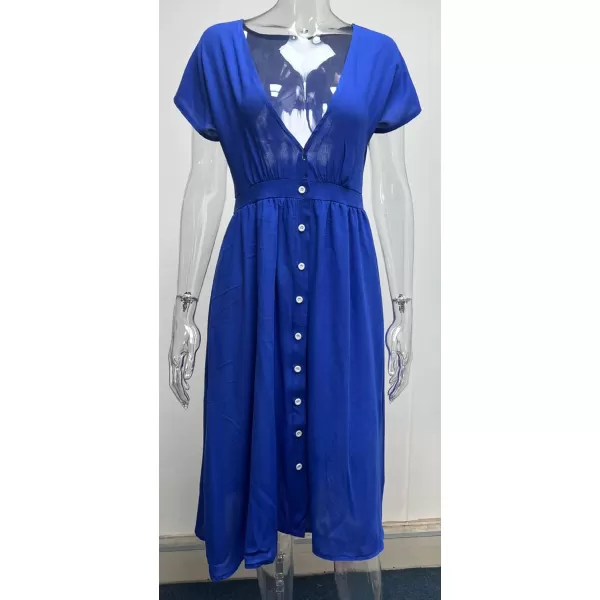 CHARTOU Women's Summer Casual V Neck Button Down Beach Long Flowy Dress Party Ruffle Dress