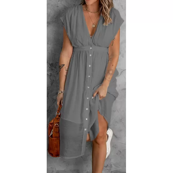 CHARTOU Women's Summer Casual V Neck Button Down Beach Long Flowy Dress Party Ruffle Dress