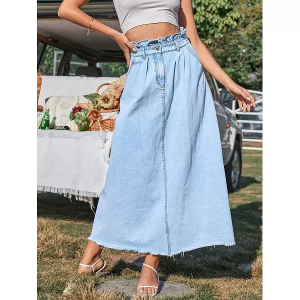 CHARTOU Women's Washed Distressed High Waist Fringed Frayed Flowy A-Line Denim Jean Long Skirt