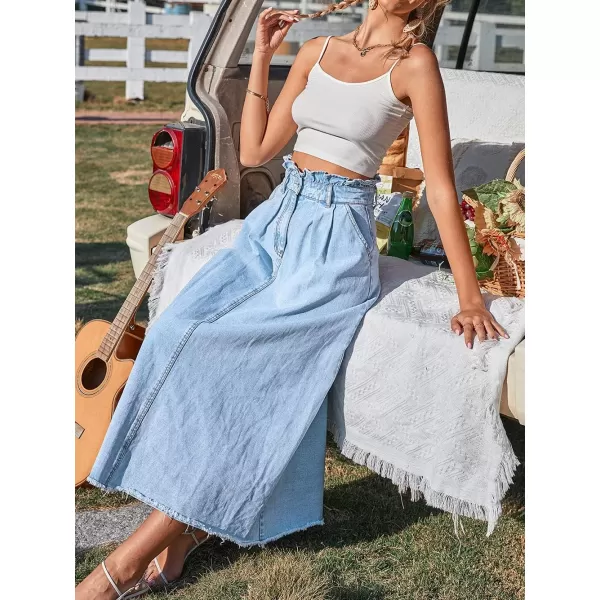 CHARTOU Women's Washed Distressed High Waist Fringed Frayed Flowy A-Line Denim Jean Long Skirt