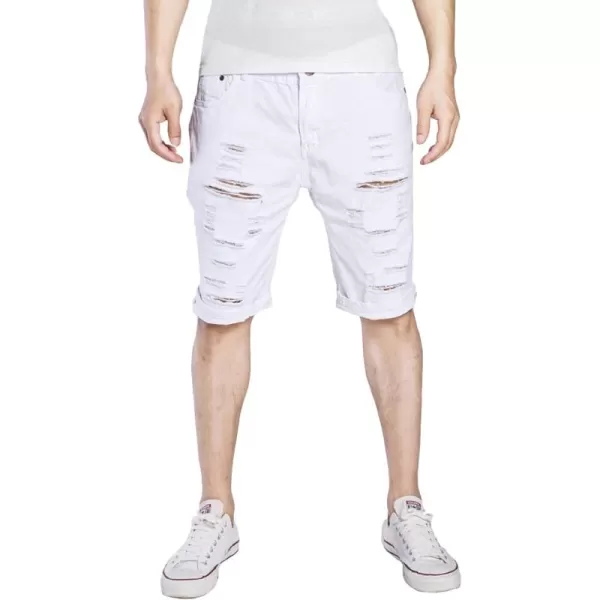 CHARTOU Men's Classic Fit Mid-Rise Distressed Ripped Knee-Length Washed Denim Shorts