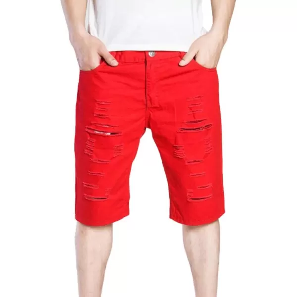 CHARTOU Men's Classic Fit Mid-Rise Distressed Ripped Knee-Length Washed Denim Shorts