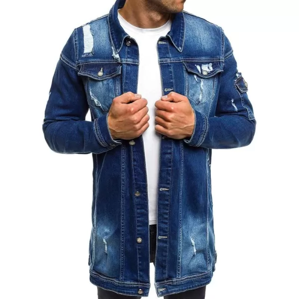 CHARTOU Men's Wash Distressed Ripped Button Down Long Denim Jean Jacket Overcoat