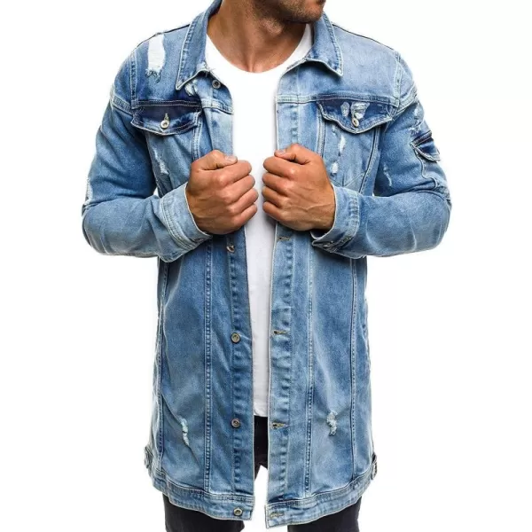 CHARTOU Men's Wash Distressed Ripped Button Down Long Denim Jean Jacket Overcoat