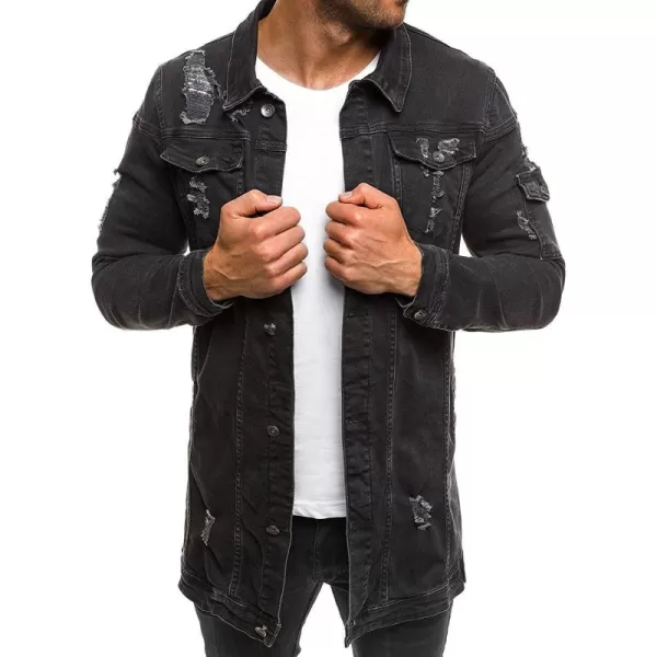 CHARTOU Men's Wash Distressed Ripped Button Down Long Denim Jean Jacket Overcoat