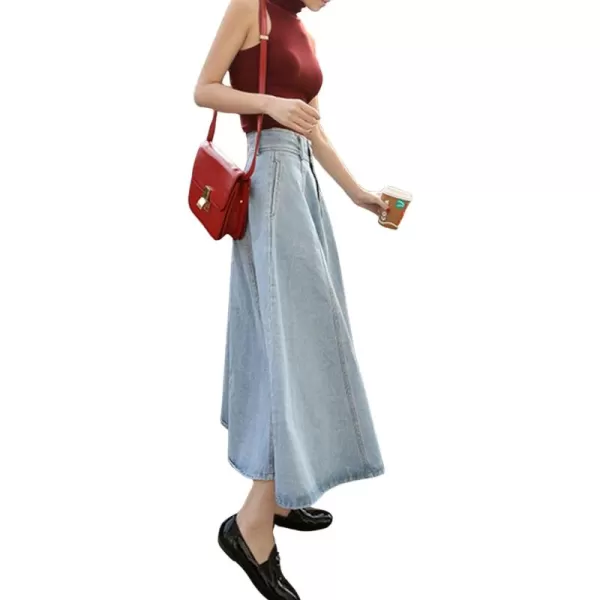 CHARTOU Vintage Long Jean Skirt for Women Denim A Line Skirt Ruffle High Waist Flared Pleated Jean Skirt