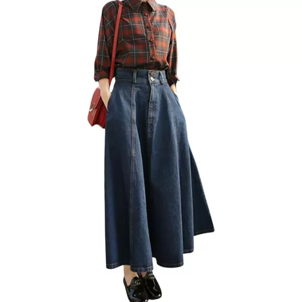 CHARTOU Vintage Long Jean Skirt for Women Denim A Line Skirt Ruffle High Waist Flared Pleated Jean Skirt